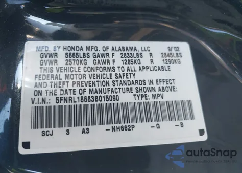 2003 Honda Odyssey Ex z USA, uszkodzony, nr VIN 5FNRL18683B015090